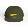 Olive green cap with a yellow and green helicopter design.