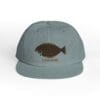 Gray cap with a brown fish design and logo.
