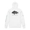 White hoodie with a black fish graphic and text on the front.