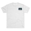 White t-shirt with a small rectangular logo on the chest pocket.