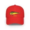 Red baseball cap with a green and yellow fish graphic and the word 'TUNA' embroidered.