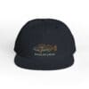 Black baseball cap with embroidered fish design and text.