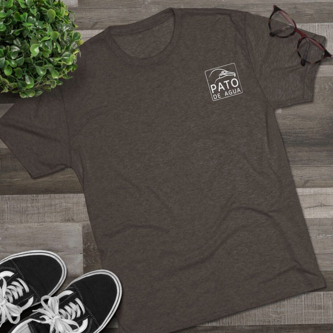 Brown V-neck t-shirt with a small white logo on the chest.