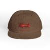 Brown cap with a red embroidered patch on the front.