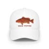 White baseball cap with a red fish design and text.