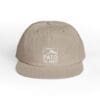 Beige cap with rolled brim and white logo text on front.