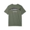 Olive green T-shirt with a realistic fish graphic and the word 'WHAT?' below it.