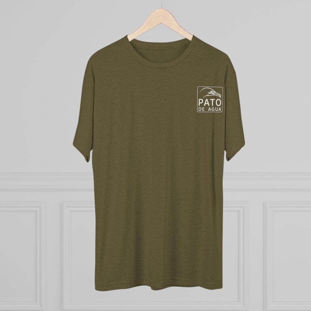 Olive green t-shirt with a small white graphic on the chest.