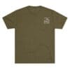 Olive green t-shirt with a small white logo on the chest pocket area.