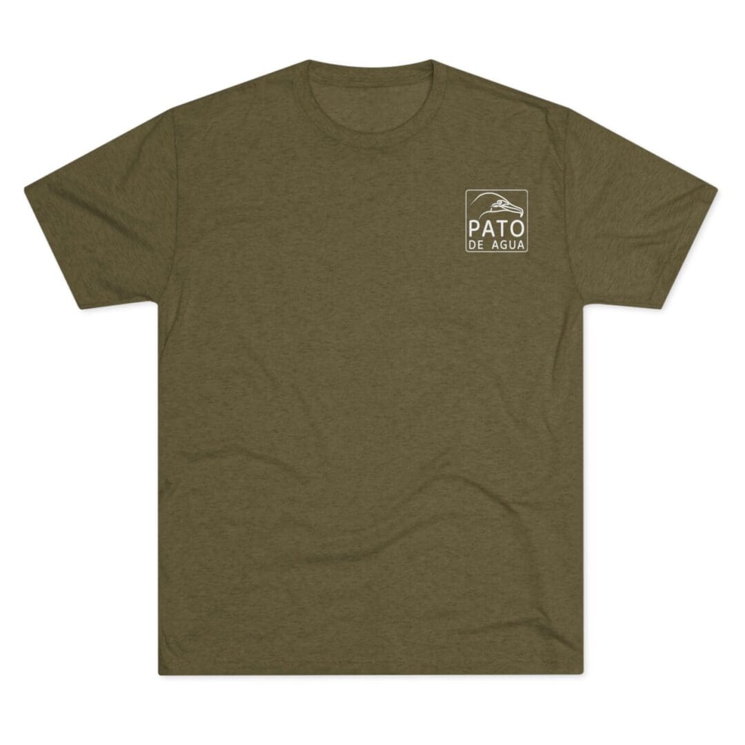 Olive green t-shirt with a small white logo on the chest pocket area.