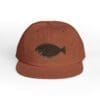 Brown cap with a black fish design embroidered on the front.