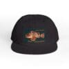Black baseball cap with colorful embroidered design and text.