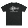 Black t-shirt with a white skeletal fish design and text.