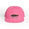 Pink cap with a black fish logo and text.