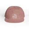 A dusty pink cap with a white logo and text on the front.