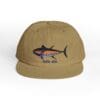 Beige cap with a colorful fish and text design.