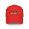 Red baseball cap with a fish embroidered on the front.
