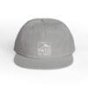 Gray baseball cap with white embroidered logo and text.