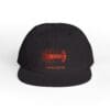 Black cap with red embroidered design and text.
