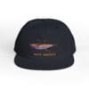 Black baseball cap with a colorful embroidered bird and text.