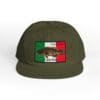 Olive green cap with Mexican flag patch and a fish design.