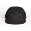 Black cap with a subtle fish design embroidered on the front.