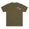 Olive green T-shirt with a small colorful logo on the chest.