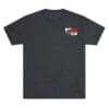 Black T-shirt with a small red, white, and blue graphic on the chest.