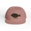 A dusty rose cap with a fish logo and text below it.