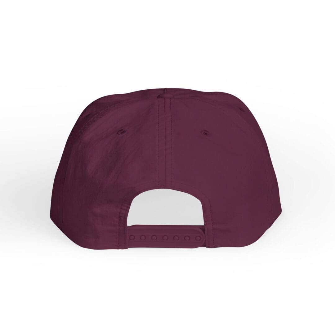 Back view of a maroon baseball cap with an adjustable strap.