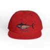 Red baseball cap with a fish graphic and text.