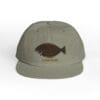 Olive green cap with a fish design embroidered on the front.