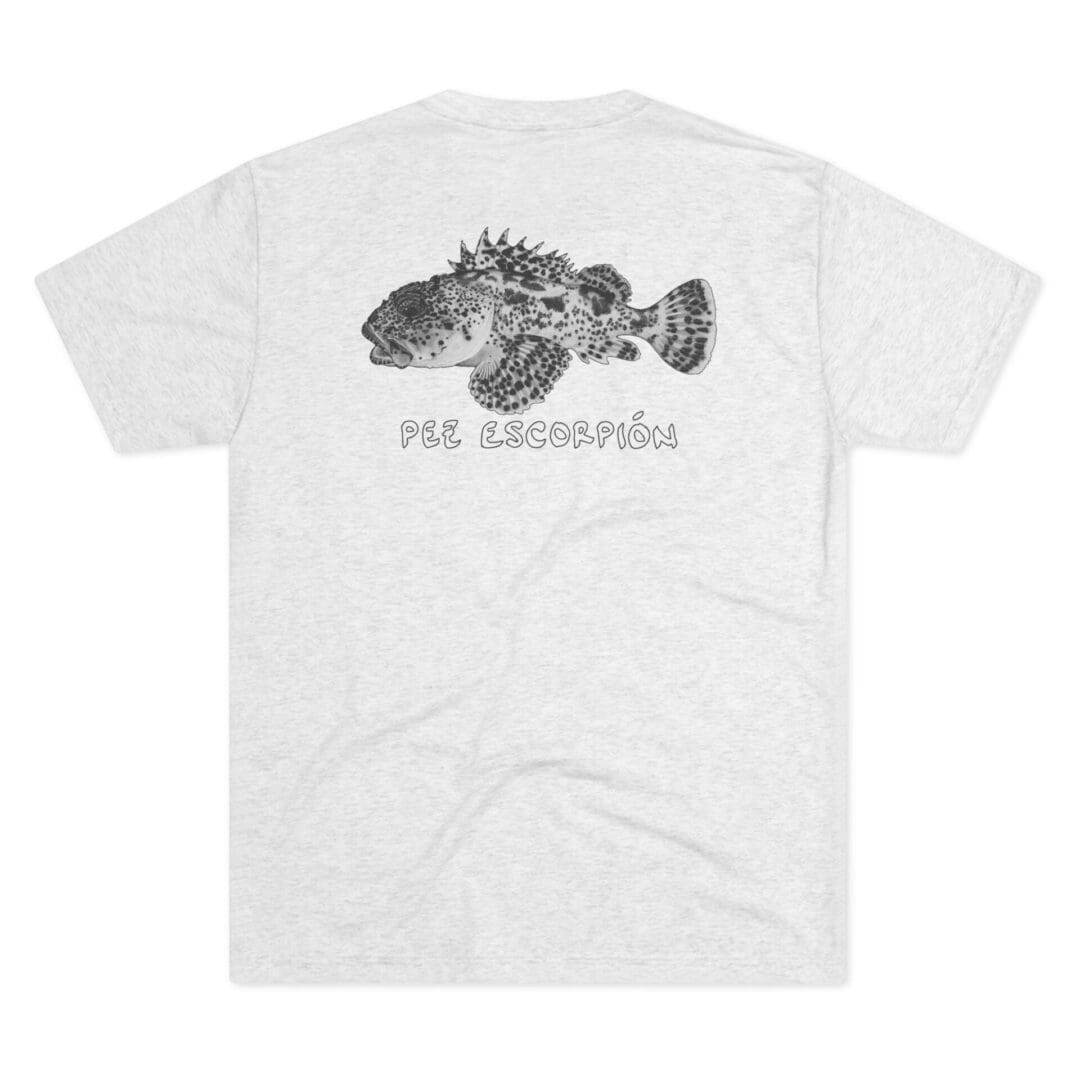 White T-shirt with a fish graphic and text.