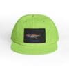 Bright green baseball cap with a graphic patch on the front.
