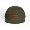 Olive green baseball cap with a red embroidered logo on the front.