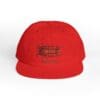 Red baseball cap with black embroidered logo on front.