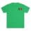 Green t-shirt with a small colorful graphic on the chest.