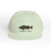 Light green baseball cap with a fish graphic and text.