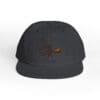 Black baseball cap with a unique embroidered design on the front.