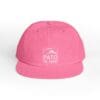 Pink baseball cap with white embroidered text and design.