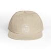 Beige baseball cap with minimalist white text design on front.