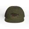 Olive green cap with a stitched fish design on the front.