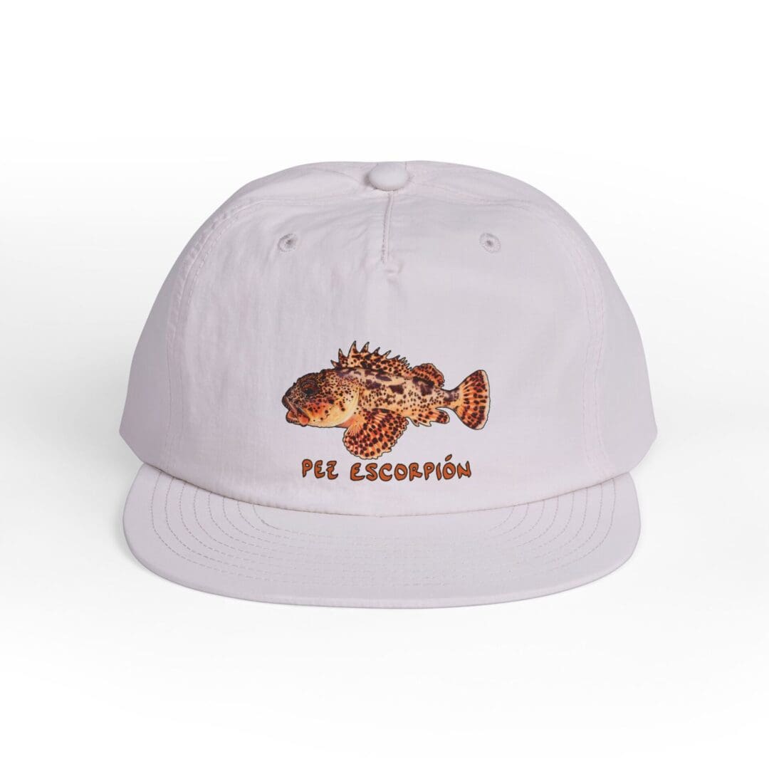 White cap with embroidered fish and text.
