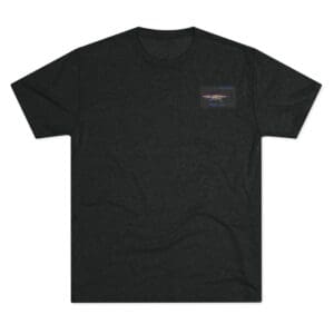 Black T-shirt with a small logo on the chest pocket area.