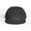 Black snapback hat with embroidered design and text.