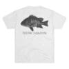 White T-shirt with a black fish graphic and text.