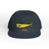 Black cap with a yellow-green fish embroidered and the word 'Hooked'.