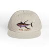 Beige baseball cap with a colorful fish design and 'Palm Angels' text.