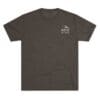Dark gray T-shirt with small white logo on chest pocket area.