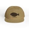Brown cap with a fish graphic and text.